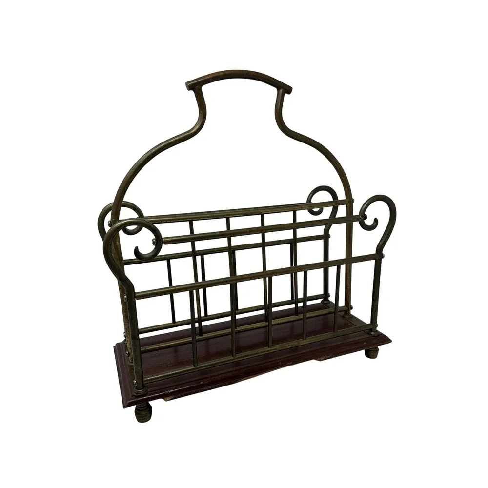 Vintage Brass Magazine Rack Wood Base Scroll Handle Double Slot Record Holder‎